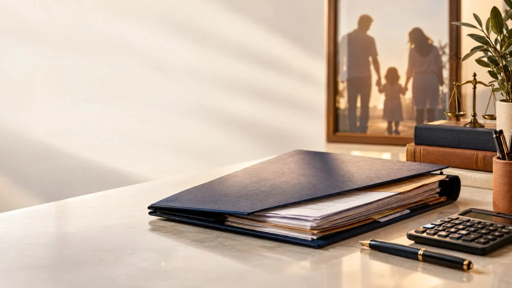 Pasta com documentos, calculadora e foto de família na mesa de advocacia — pensão alimentícia
