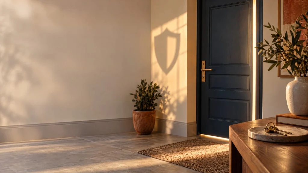Sombra de escudo em parede cream ao lado de porta azul, símbolo de proteção jurídica