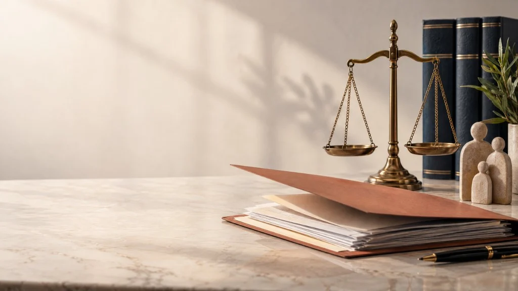 Balança da justiça, livros jurídicos e figuras de família — revisão ou exoneração de pensão