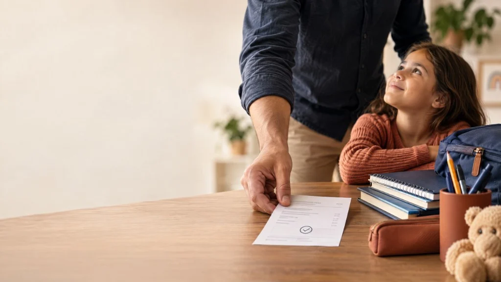 Pai e filha com documento aprovado, tema pensão e bem-estar infantil