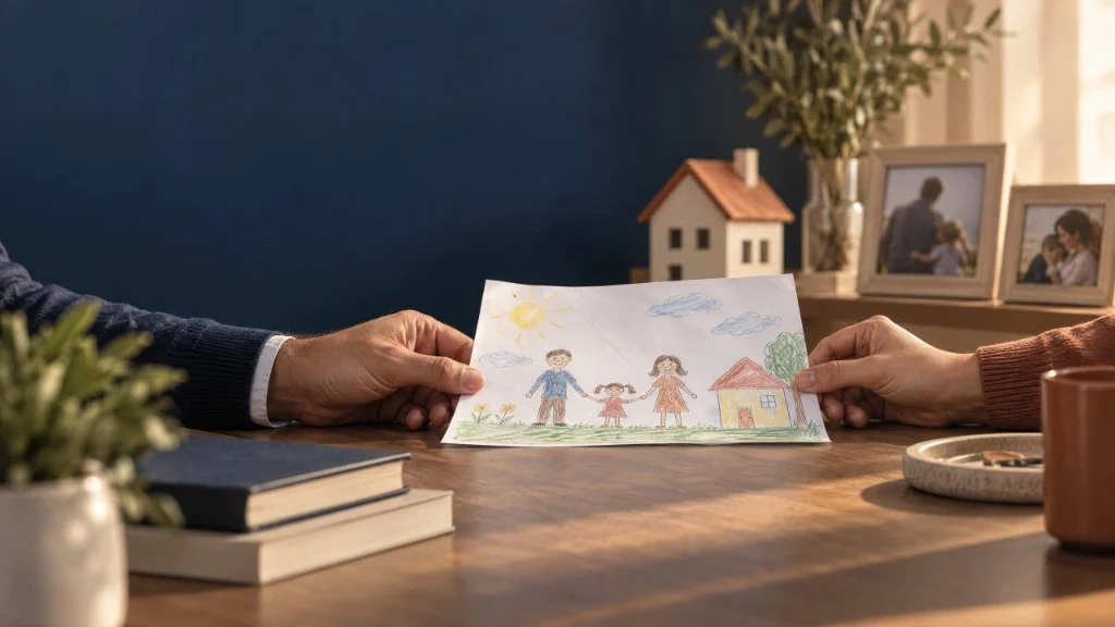 Mãos de adultos segurando desenho de família feito por criança